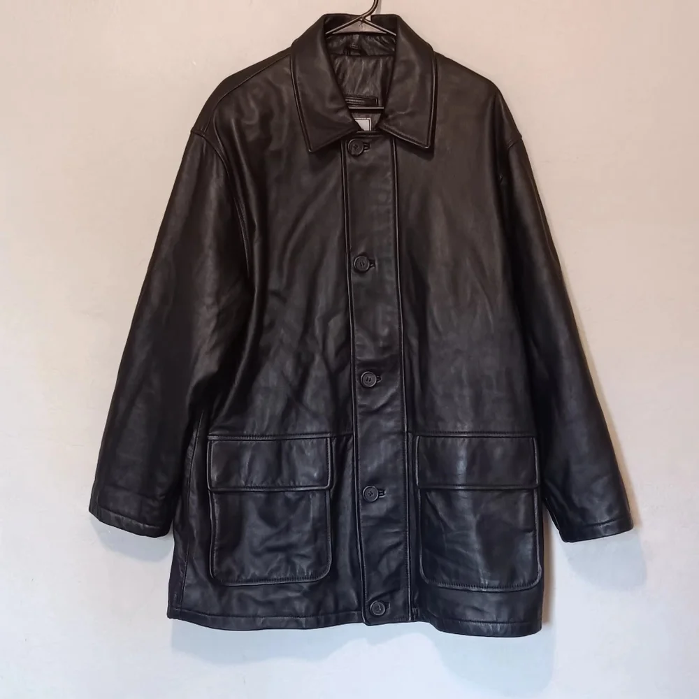 HATHAWAY‎ Men 100% Leather Jacket Coat Black SzL Vintage Zip And Button